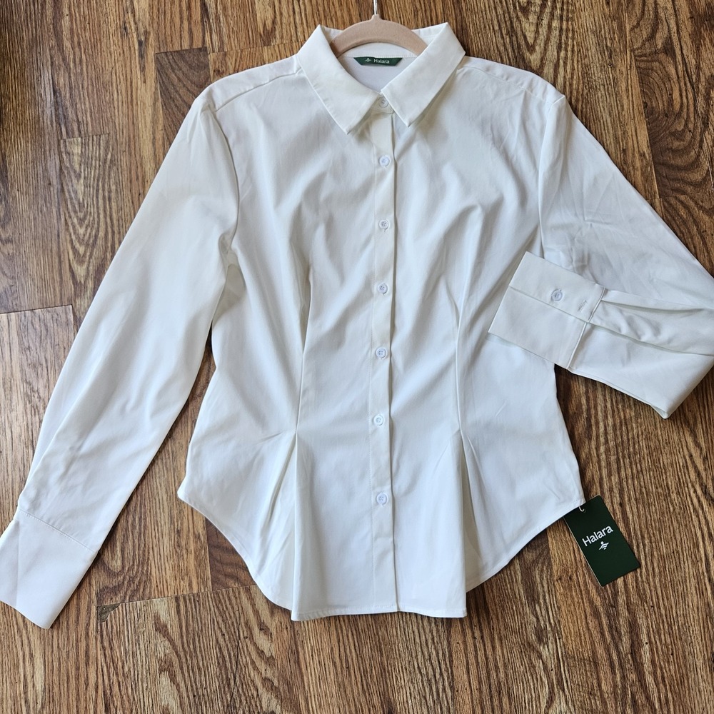 Halara NWT Womens L White Long Sleeve Button Down Dress Shirt Blouse Collared
